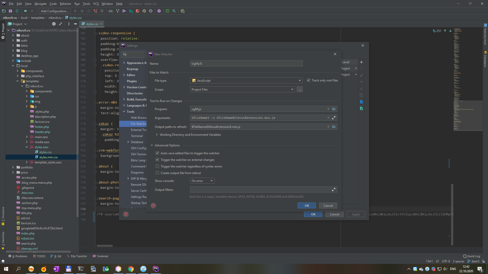 Параметры UglifyJS File Watcher