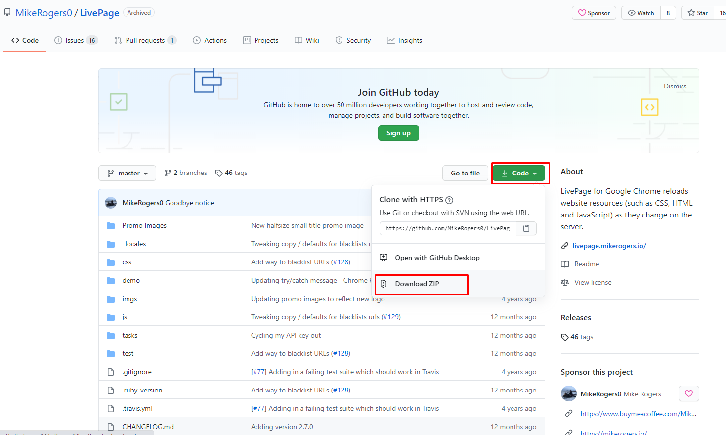 Скачивание LivePage с GitHub