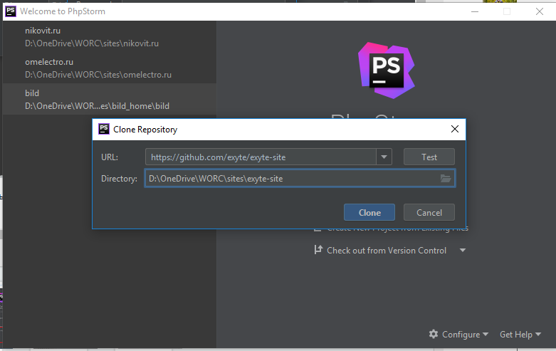 Check out from Version Control PhpStorm